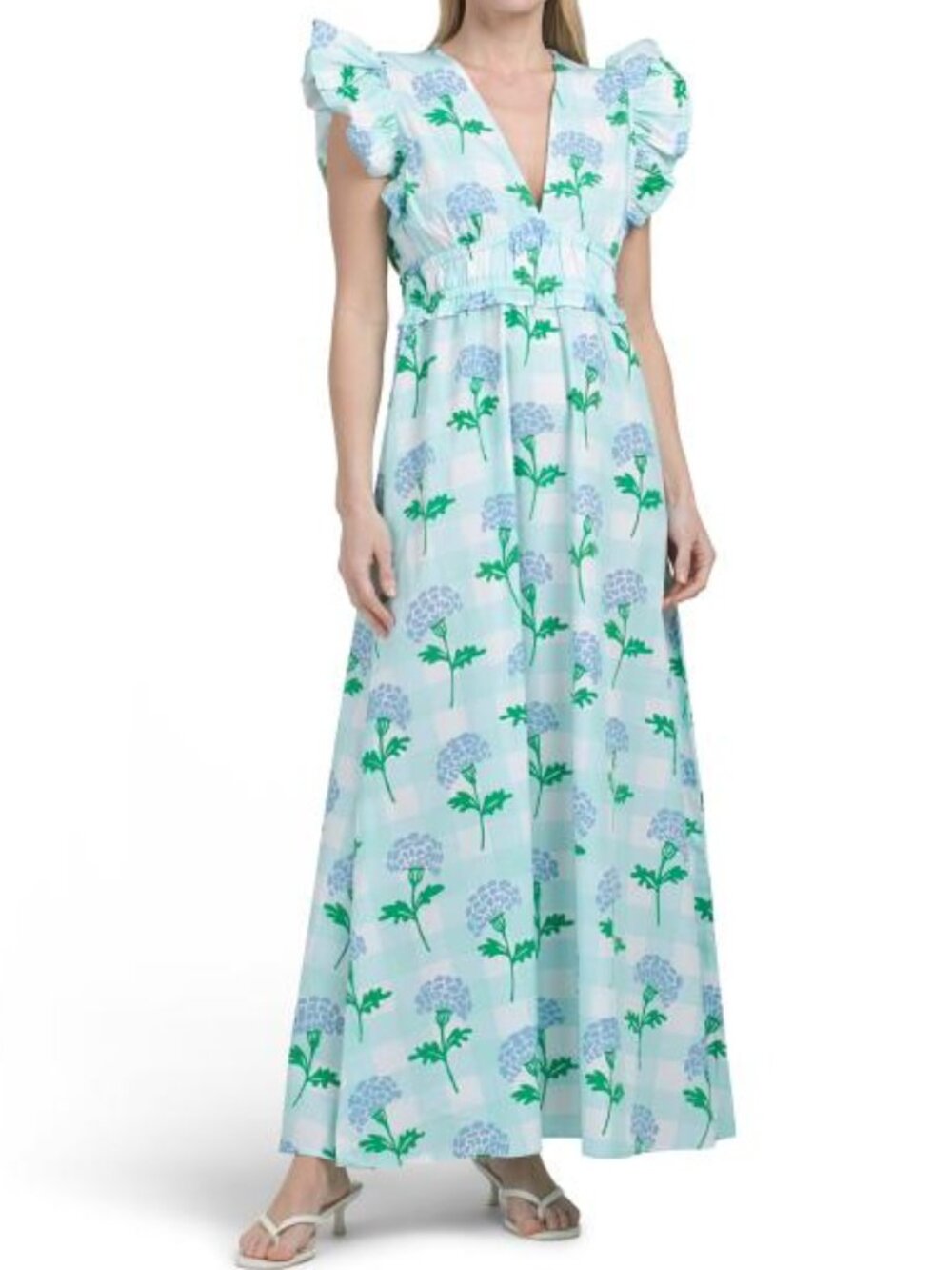 SAIL TO SABLE Flutter Sleeve V-neck Gingham Dress With Flowers - Picture 1 of 2